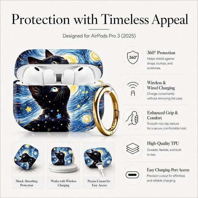 Alt view image 5 of 7 - Compatible with AirPod Pro 3 Case (2025), Stylish Pattern Protective Cover with Keychain, Shockproof Anti-Drop TPU Case for Women and Men(Starry Night Cat Art)