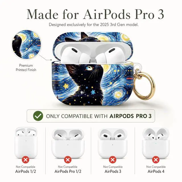Alt view image 6 of 7 - Compatible with AirPod Pro 3 Case (2025), Stylish Pattern Protective Cover with Keychain, Shockproof Anti-Drop TPU Case for Women and Men(Starry Night Cat Art)