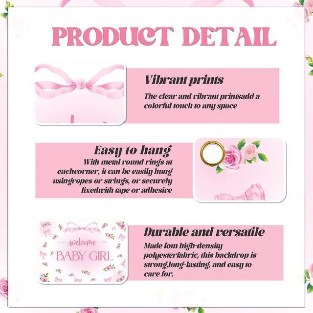 Alt view image 3 of 6 - Welcome Baby Girl Backdrop - Pink Bow Baby Shower Party Decorations, Elegant Pink Floral Decorations with Ribbon Bows, Girl Baby Shower Photography Background (7x5ft)