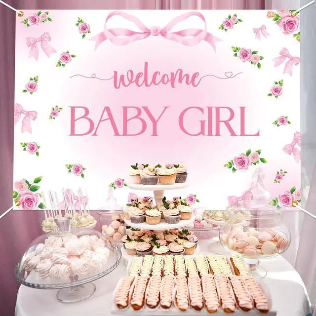 Alt view image 4 of 6 - Welcome Baby Girl Backdrop - Pink Bow Baby Shower Party Decorations, Elegant Pink Floral Decorations with Ribbon Bows, Girl Baby Shower Photography Background (7x5ft)