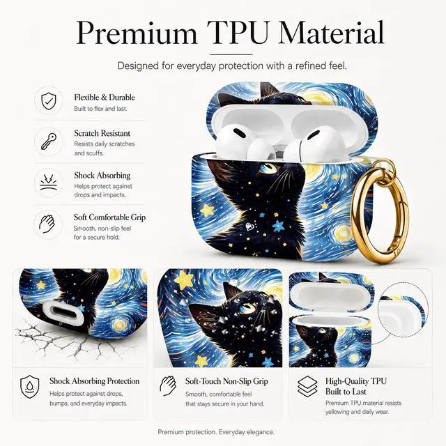 Alt view image 4 of 7 - Compatible with AirPod Pro 3 Case (2025), Stylish Pattern Protective Cover with Keychain, Shockproof Anti-Drop TPU Case for Women and Men(Starry Night Cat Art)