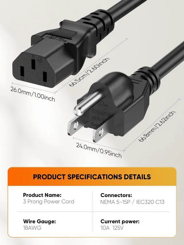 Alt view image 2 of 6 - 2-Pack 18AWG Universal Power Cord 1FT NEMA 5-15P to IEC320C13 | c13 power cord,Computer Power Cord,3 prong ac power cord,Black PVC Molding,0.3M,UL Safety Certification,SJT