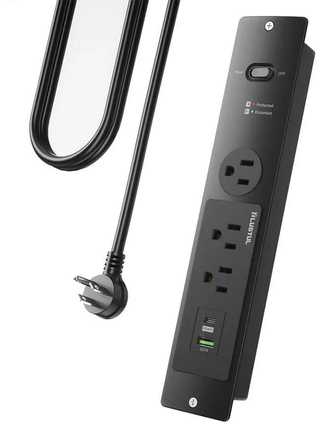 Main image of Recessed Power Strip 6 FT, Flush Mount, PD 20W Fast Charging, Flat Plug, 14 Gauge, 980J Surge Protector, Black Recessed Power Strip with USB C