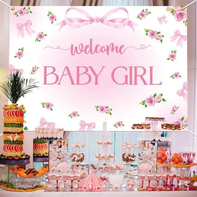 Alt view image 6 of 6 - Welcome Baby Girl Backdrop - Pink Bow Baby Shower Party Decorations, Elegant Pink Floral Decorations with Ribbon Bows, Girl Baby Shower Photography Background (7x5ft)