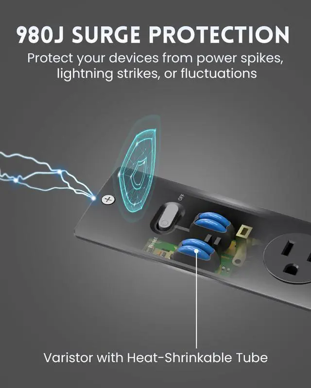 Alt view image 3 of 6 - Recessed Power Strip 6 FT, Flush Mount, PD 20W Fast Charging, Flat Plug, 14 Gauge, 980J Surge Protector, Black Recessed Power Strip with USB C