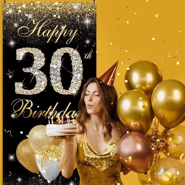 Alt view image 3 of 6 - Happy 30th Birthday Decorations for Men Women - 30 Birthday Door Banner, Yard Sign, Photo Booth Props Backdrop - Black Gold Birthday Party Decor Supplies in Fabric Material, 3 x 6 ft
