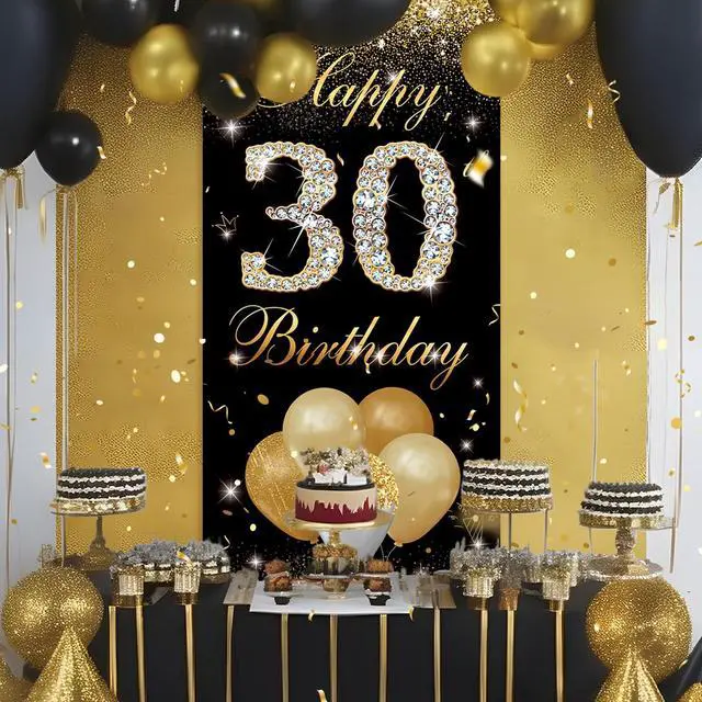 Alt view image 4 of 6 - Happy 30th Birthday Decorations for Men Women - 30 Birthday Door Banner, Yard Sign, Photo Booth Props Backdrop - Black Gold Birthday Party Decor Supplies in Fabric Material, 3 x 6 ft