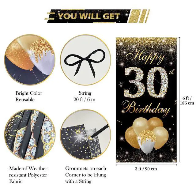Alt view image 2 of 6 - Happy 30th Birthday Decorations for Men Women - 30 Birthday Door Banner, Yard Sign, Photo Booth Props Backdrop - Black Gold Birthday Party Decor Supplies in Fabric Material, 3 x 6 ft
