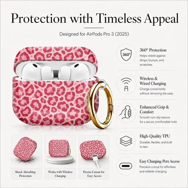 Alt view image 5 of 7 - Compatible with AirPod Pro 3 Case (2025), Stylish Pattern Protective Cover with Keychain, Shockproof Anti-Drop TPU Case for Women and Men(Pink Spot)