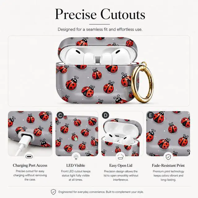 Alt view image 3 of 7 - Compatible with AirPod Pro 3 Case (2025), Stylish Pattern Protective Cover with Keychain, Shockproof Anti-Drop TPU Case for Women and Men(Ladybird Gray Background)