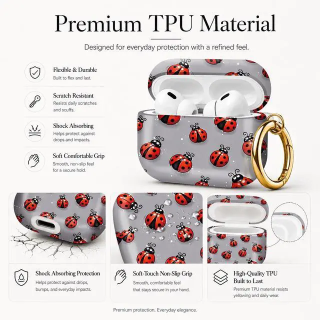 Alt view image 4 of 7 - Compatible with AirPod Pro 3 Case (2025), Stylish Pattern Protective Cover with Keychain, Shockproof Anti-Drop TPU Case for Women and Men(Ladybird Gray Background)