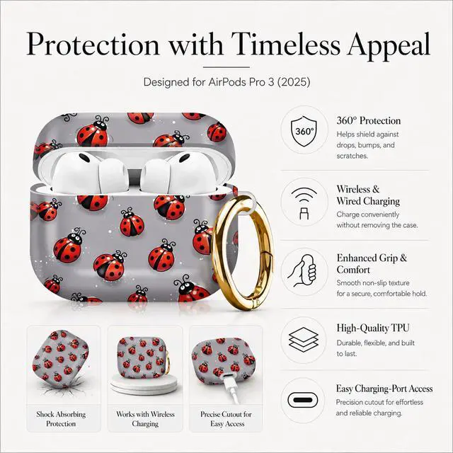 Alt view image 5 of 7 - Compatible with AirPod Pro 3 Case (2025), Stylish Pattern Protective Cover with Keychain, Shockproof Anti-Drop TPU Case for Women and Men(Ladybird Gray Background)