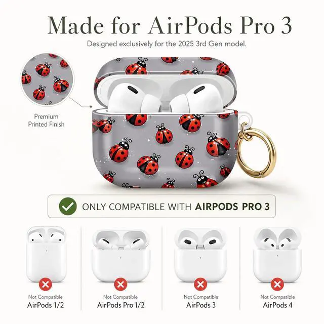 Alt view image 6 of 7 - Compatible with AirPod Pro 3 Case (2025), Stylish Pattern Protective Cover with Keychain, Shockproof Anti-Drop TPU Case for Women and Men(Ladybird Gray Background)