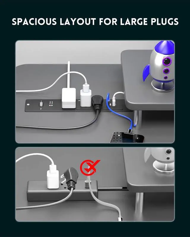 Alt view image 4 of 6 - Recessed Power Strip 6 FT, Flush Mount, PD 20W Fast Charging, Flat Plug, 14 Gauge, 980J Surge Protector, Black Recessed Power Strip with USB C
