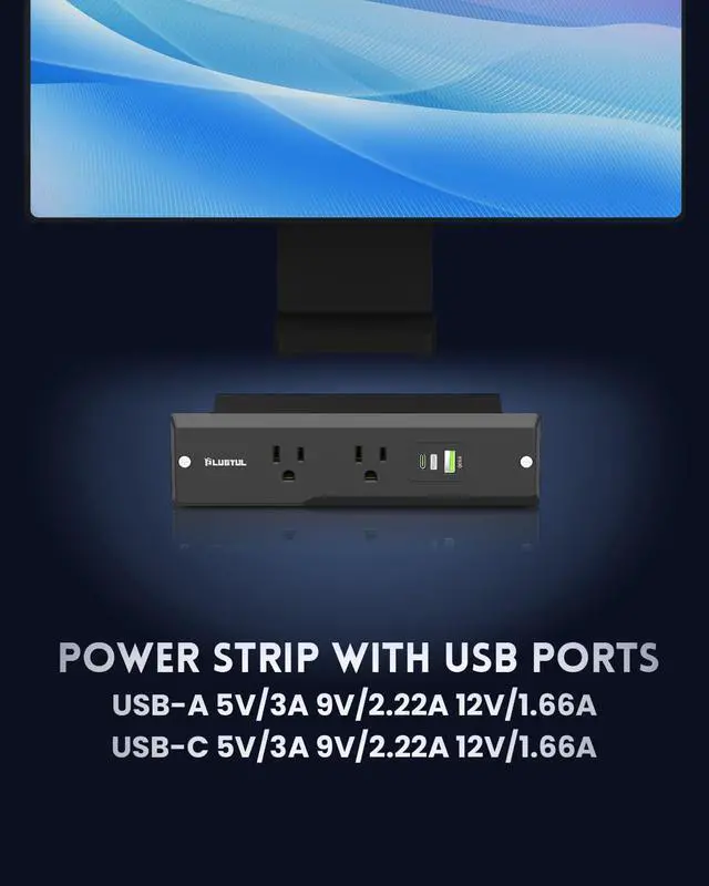 Alt view image 6 of 6 - Recessed Power Strip 6 FT, Flush Mount, PD 20W Fast Charging, Flat Plug, 14 Gauge, 980J Surge Protector, Black Recessed Power Strip with USB C