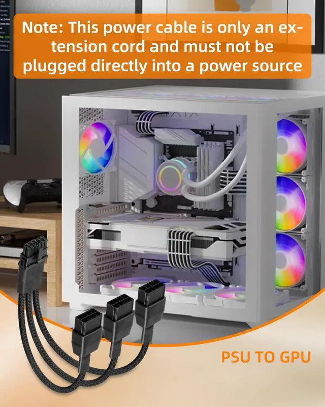 Alt view image 2 of 7 - 16AWG PCIE 5.0 GPU Power Extension Cable,12VHPWR 16 Pin(12+4) GPU Male to 3 X 8 Pin PCIE Female Splitter Power Sleeved Cable for RTX 40/50 Series Graphics Cards(0.3M/0.98FT)