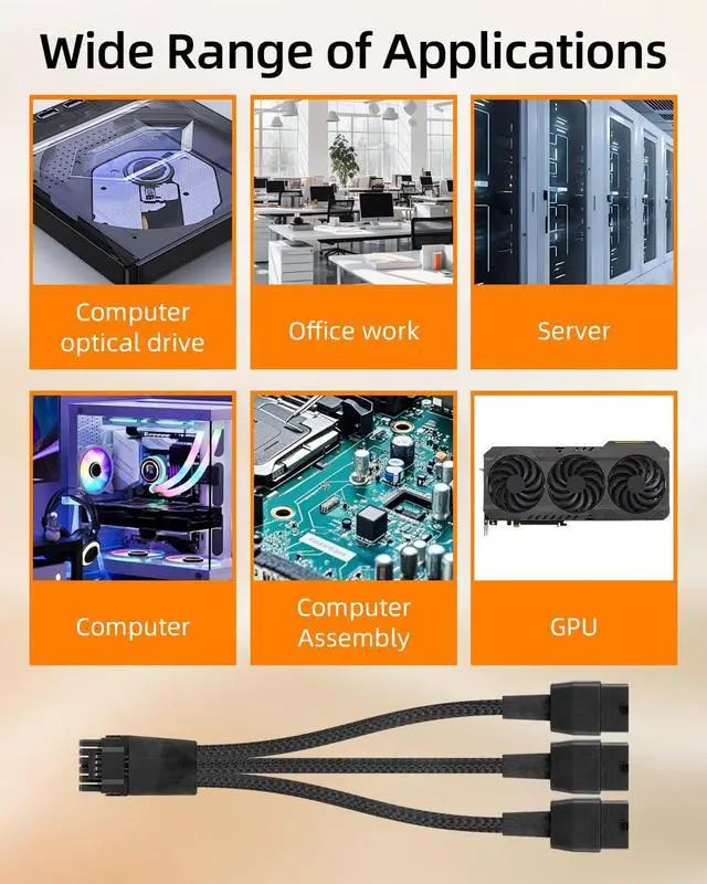 Alt view image 7 of 7 - 16AWG PCIE 5.0 GPU Power Extension Cable,12VHPWR 16 Pin(12+4) GPU Male to 3 X 8 Pin PCIE Female Splitter Power Sleeved Cable for RTX 40/50 Series Graphics Cards(0.3M/0.98FT)