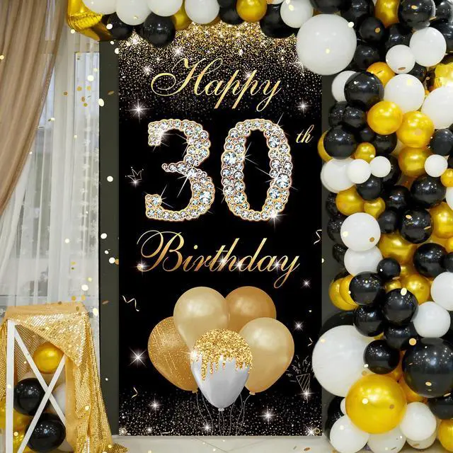 Alt view image 5 of 6 - Happy 30th Birthday Decorations for Men Women - 30 Birthday Door Banner, Yard Sign, Photo Booth Props Backdrop - Black Gold Birthday Party Decor Supplies in Fabric Material, 3 x 6 ft