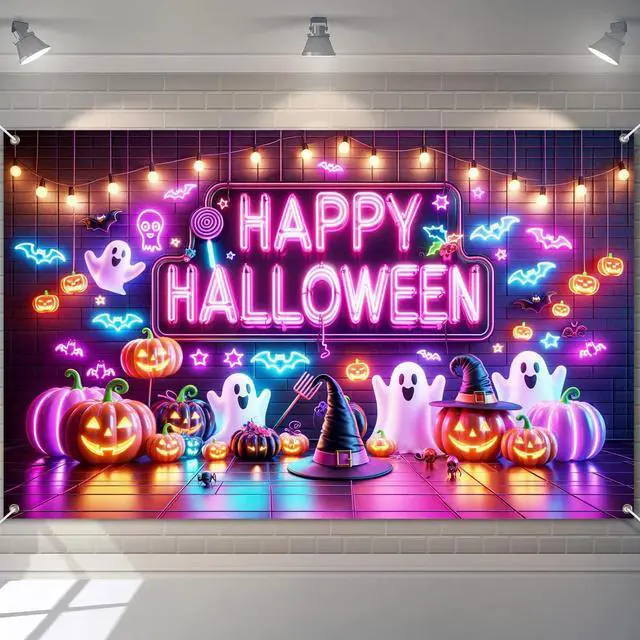 Main image of Halloween Ghost Pumpkin Banner 71x43 in Spooky Party Decor | Halloween Backdrop and Spooky Wall Banner for Haunted House, Photo Booth and Porch, Neon Ghost Pumpkin Trick Style