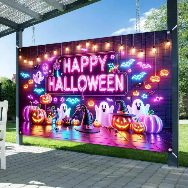 Alt view image 2 of 6 - Halloween Ghost Pumpkin Banner 71x43 in Spooky Party Decor | Halloween Backdrop and Spooky Wall Banner for Haunted House, Photo Booth and Porch, Neon Ghost Pumpkin Trick Style