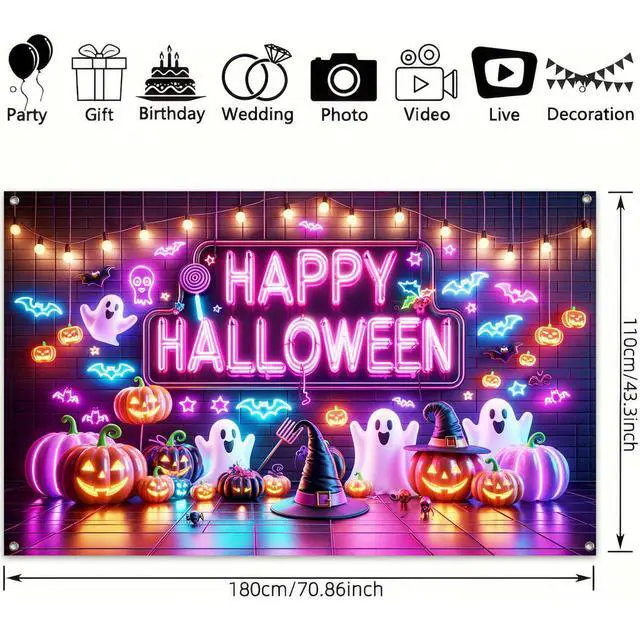 Alt view image 3 of 6 - Halloween Ghost Pumpkin Banner 71x43 in Spooky Party Decor | Halloween Backdrop and Spooky Wall Banner for Haunted House, Photo Booth and Porch, Neon Ghost Pumpkin Trick Style