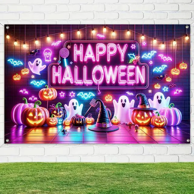 Alt view image 4 of 6 - Halloween Ghost Pumpkin Banner 71x43 in Spooky Party Decor | Halloween Backdrop and Spooky Wall Banner for Haunted House, Photo Booth and Porch, Neon Ghost Pumpkin Trick Style