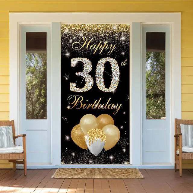 Alt view image 6 of 6 - Happy 30th Birthday Decorations for Men Women - 30 Birthday Door Banner, Yard Sign, Photo Booth Props Backdrop - Black Gold Birthday Party Decor Supplies in Fabric Material, 3 x 6 ft