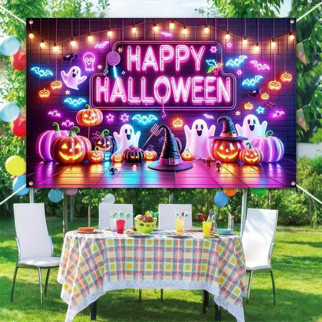 Alt view image 6 of 6 - Halloween Ghost Pumpkin Banner 71x43 in Spooky Party Decor | Halloween Backdrop and Spooky Wall Banner for Haunted House, Photo Booth and Porch, Neon Ghost Pumpkin Trick Style