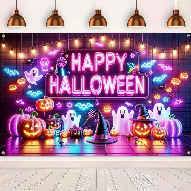 Alt view image 5 of 6 - Halloween Ghost Pumpkin Banner 71x43 in Spooky Party Decor | Halloween Backdrop and Spooky Wall Banner for Haunted House, Photo Booth and Porch, Neon Ghost Pumpkin Trick Style