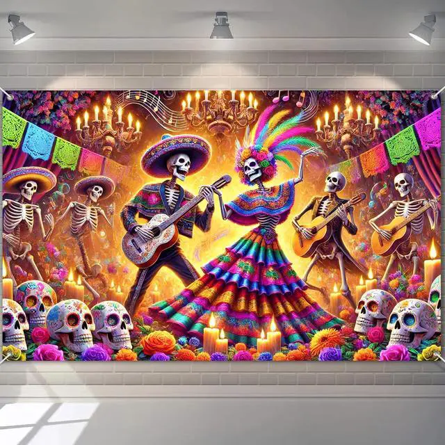 Main image of Dia de Los Muertos Banner 71x43 in Skeleton Party Decor | Day of the Dead Background and Sugar Skull Fiesta Banner for Fiesta, Photo Booth and Wall, Skeleton Design