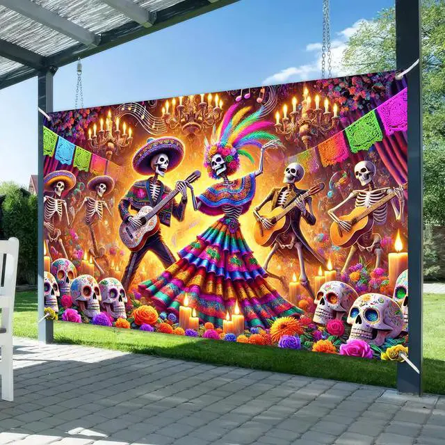Alt view image 2 of 6 - Dia de Los Muertos Banner 71x43 in Skeleton Party Decor | Day of the Dead Background and Sugar Skull Fiesta Banner for Fiesta, Photo Booth and Wall, Skeleton Design