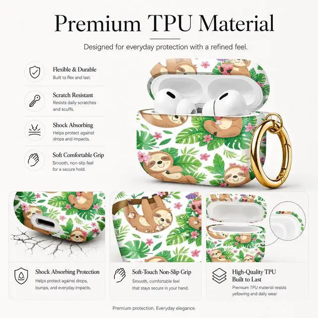 Alt view image 4 of 7 - Compatible with AirPod Pro 3 Case (2025), Stylish Pattern Protective Cover with Keychain, Shockproof Anti-Drop TPU Case for Women and Men(Sloth and Tropical Plants)