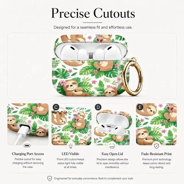 Alt view image 3 of 7 - Compatible with AirPod Pro 3 Case (2025), Stylish Pattern Protective Cover with Keychain, Shockproof Anti-Drop TPU Case for Women and Men(Sloth and Tropical Plants)