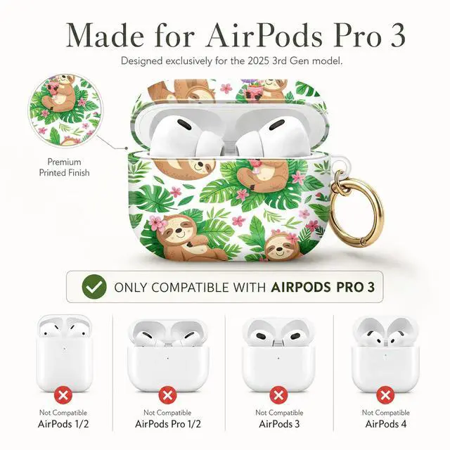 Alt view image 6 of 7 - Compatible with AirPod Pro 3 Case (2025), Stylish Pattern Protective Cover with Keychain, Shockproof Anti-Drop TPU Case for Women and Men(Sloth and Tropical Plants)