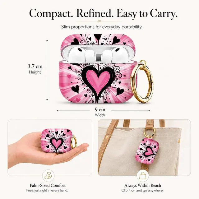 Alt view image 2 of 7 - Compatible with AirPod Pro 3 Case (2025), Stylish Pattern Protective Cover with Keychain, Shockproof Anti-Drop TPU Case for Women and Men(Pink Heart Black Swirls)