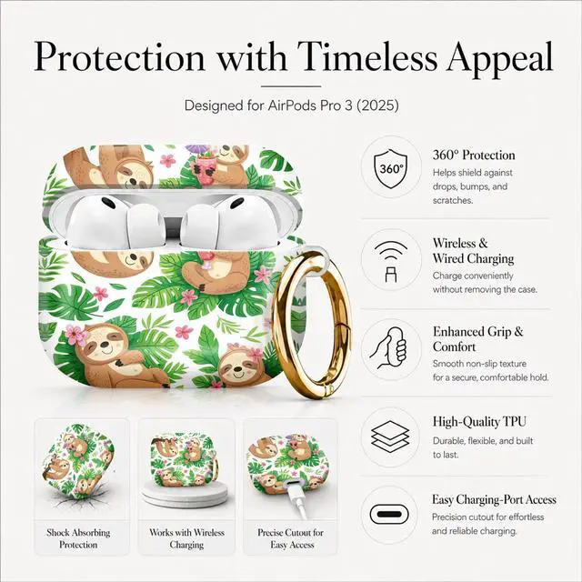 Alt view image 5 of 7 - Compatible with AirPod Pro 3 Case (2025), Stylish Pattern Protective Cover with Keychain, Shockproof Anti-Drop TPU Case for Women and Men(Sloth and Tropical Plants)