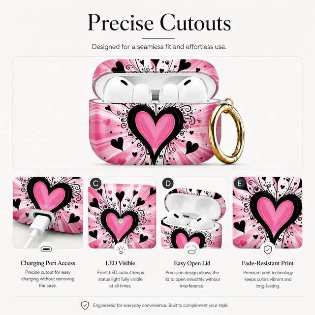 Alt view image 3 of 7 - Compatible with AirPod Pro 3 Case (2025), Stylish Pattern Protective Cover with Keychain, Shockproof Anti-Drop TPU Case for Women and Men(Pink Heart Black Swirls)