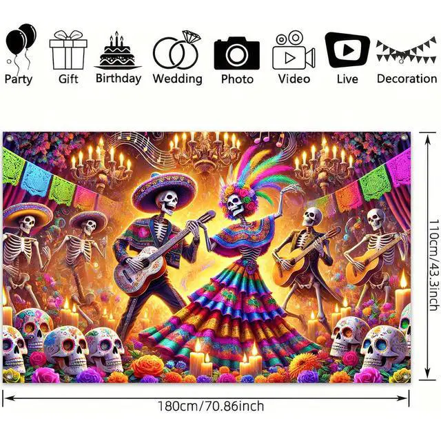 Alt view image 3 of 6 - Dia de Los Muertos Banner 71x43 in Skeleton Party Decor | Day of the Dead Background and Sugar Skull Fiesta Banner for Fiesta, Photo Booth and Wall, Skeleton Design