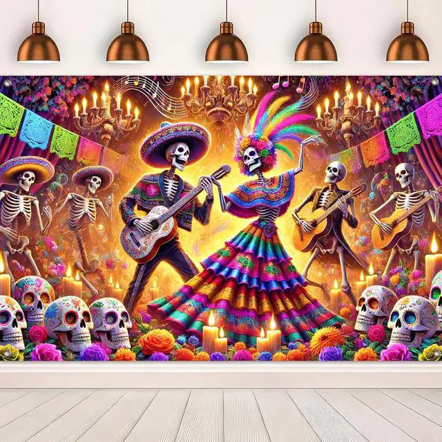 Alt view image 5 of 6 - Dia de Los Muertos Banner 71x43 in Skeleton Party Decor | Day of the Dead Background and Sugar Skull Fiesta Banner for Fiesta, Photo Booth and Wall, Skeleton Design