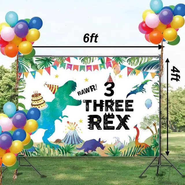 Alt view image 2 of 7 - Dinosaur Birthday Backdrop Three Rex, Dinosaur 3rd Birthday Background T-Rex Dinosaur Birthday Party Supplies Birthday Party Extra Large Wall Banner for 6x4ft