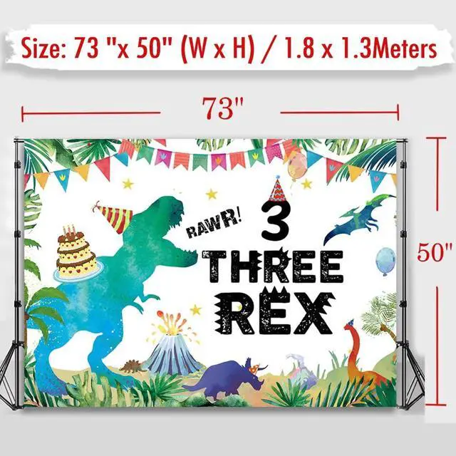 Alt view image 3 of 7 - Dinosaur Birthday Backdrop Three Rex, Dinosaur 3rd Birthday Background T-Rex Dinosaur Birthday Party Supplies Birthday Party Extra Large Wall Banner for 6x4ft