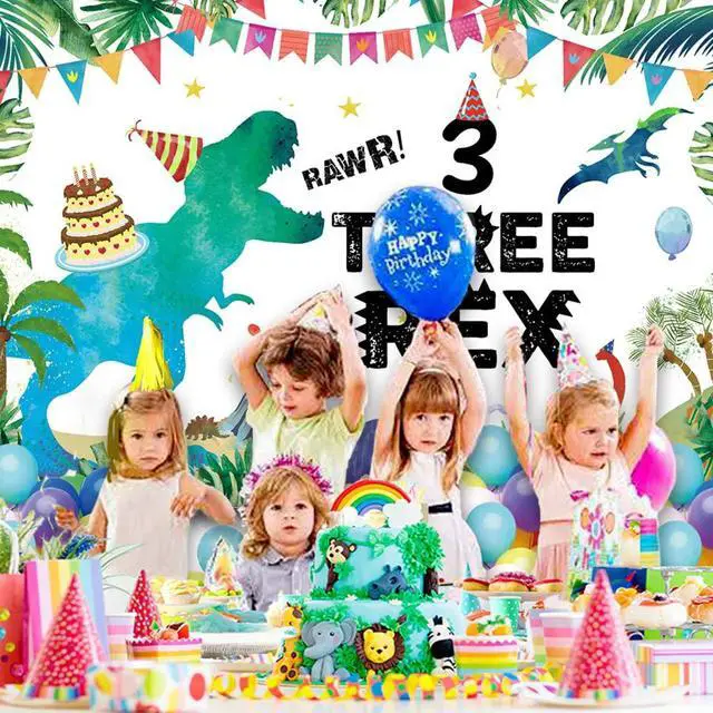 Alt view image 4 of 7 - Dinosaur Birthday Backdrop Three Rex, Dinosaur 3rd Birthday Background T-Rex Dinosaur Birthday Party Supplies Birthday Party Extra Large Wall Banner for 6x4ft