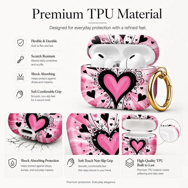 Alt view image 4 of 7 - Compatible with AirPod Pro 3 Case (2025), Stylish Pattern Protective Cover with Keychain, Shockproof Anti-Drop TPU Case for Women and Men(Pink Heart Black Swirls)