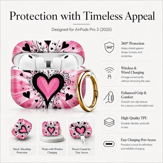 Alt view image 5 of 7 - Compatible with AirPod Pro 3 Case (2025), Stylish Pattern Protective Cover with Keychain, Shockproof Anti-Drop TPU Case for Women and Men(Pink Heart Black Swirls)