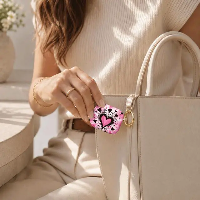 Alt view image 7 of 7 - Compatible with AirPod Pro 3 Case (2025), Stylish Pattern Protective Cover with Keychain, Shockproof Anti-Drop TPU Case for Women and Men(Pink Heart Black Swirls)