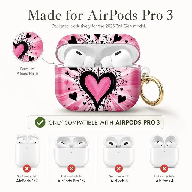 Alt view image 6 of 7 - Compatible with AirPod Pro 3 Case (2025), Stylish Pattern Protective Cover with Keychain, Shockproof Anti-Drop TPU Case for Women and Men(Pink Heart Black Swirls)