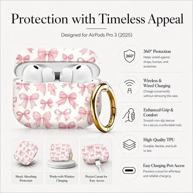 Alt view image 5 of 7 - Compatible with AirPod Pro 3 Case (2025), Stylish Pattern Protective Cover with Keychain, Shockproof Anti-Drop TPU Case for Women and Men(Pink Bows)
