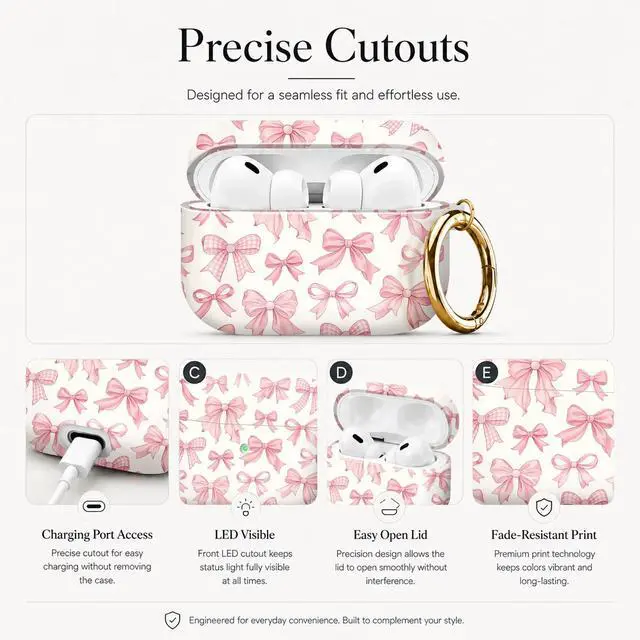 Alt view image 3 of 7 - Compatible with AirPod Pro 3 Case (2025), Stylish Pattern Protective Cover with Keychain, Shockproof Anti-Drop TPU Case for Women and Men(Pink Bows)