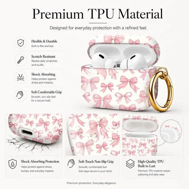 Alt view image 4 of 7 - Compatible with AirPod Pro 3 Case (2025), Stylish Pattern Protective Cover with Keychain, Shockproof Anti-Drop TPU Case for Women and Men(Pink Bows)