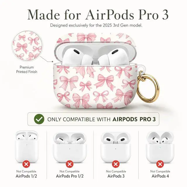 Alt view image 6 of 7 - Compatible with AirPod Pro 3 Case (2025), Stylish Pattern Protective Cover with Keychain, Shockproof Anti-Drop TPU Case for Women and Men(Pink Bows)